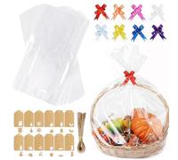 30Pcs Cellophane Wrap for Hampers, 60 x 50cm Clear Cellophane Bags with Pull Bows, Gift Wrap Bags with 48 Pcs Kraft Paper Tags and 50 Strings for Hamper Making Christmas Easter Wedding and More