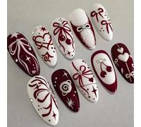 30PCS Cherry Wine Red Press On Nails - Almond Shaped Vintage Ribbon & Heart Romantic Cherry Accent - Retro Bold Contrast French-Inspired for Women Parties Daily Wear