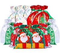 30Pcs Christmas Drawstring Gift Bags Set-Large,Medium,Small Sizes with 30 Tags & Cards-Festive Santa,Tree,Reindeer Designs-Party,Xmas Presents,Decor