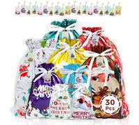30Pcs Christmas Drawstring Gift Bags Set-Large,Medium,Small Sizes with 30 Tags & Cards-Festive Santa,Tree,Reindeer Designs-Party,Xmas Presents,Decor
