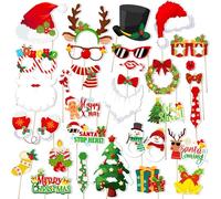 30pcs Christmas Photo Props - Paper & Wooden Sticks Photo Booth Props | Christmas Selfie Prop with Santa Hats Socks, Beards & Signs | Booth Decorations for Winter Holiday & New Year Celebration