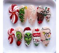 30Pcs Christmas Press on Nails Medium Almond Fake Nails 3D Rhinestones Xmas Tree Lamp Strip Design Handmade False Nails Cute Monster Acrylic Nail Snowflake Gems Glue on Nails for Women Winter Manicure