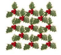 30pcs Christmas Simulation Holly Berries with Green Leaves,Artificial Holly Berry Green Leaves for Wedding Christmas Wreath Arrangement,Cake Toppers Craft Party Decorations,Artificial Red Fruit