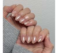 30PCS Chrome Nude Press on Nails Short Oval, Glazed Glitter False Nails Set