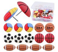 30pcs Cute Creative Sport Ball Push Pins Decorative Resin Football Basketball Baseball Rugby Pushpins Thumb Tacks with a Box for Bulletin Board Cork Board Photo Wall Map, 5 Styles