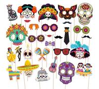 30Pcs Day of The Dead Photo Booth Props, Dia De Los Muertos Skull Decorations Photo Props Kits for Day of The Dead Party Favour Supplies,Mexican Fiesta Halloween Photo Booth Prop