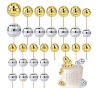 30pcs Disco Ball Cupcake Toppers, Mini Disco Ball Picks Retro Cake Decorations with Stick 70s Disco Theme Party Supplies for Dessert Birthday Decor Ornament (Silver, Gold)