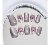 30PCS Dusty Lavender Grey Press On Nails - Almond Shape Refined Botanical Line Art Sheer Frosted Violet - Clean & Chic Statement Nails for Women Party Daily Wear