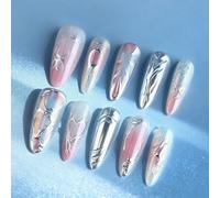 30pcs Extra Long False Nails Glittering Silver Press on Tips with Chrome Finish ABS Practical Salon Stick Ons Easy Apply Stilettos Nails