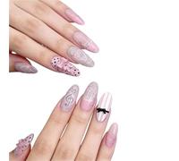 30Pcs Fake Nails Pink French Tips With Medium Almond Lace Musical Notes Bows And Polka Dots Press-On Nail Tips Gifts For Girls