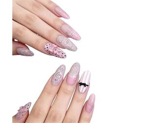 30Pcs Fake Nails Pink French Tips With Medium Almond Lace Musical Notes Bows And Polka Dots Press-On Nail Tips Gifts For Girls