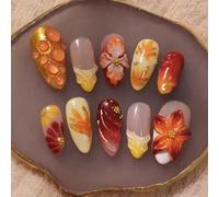 30pcs Fall Maple Leaf Press on Nails Medium French Fake Nail with 3D Gold Bead Floral Gold Leaves Thanksgiving False Nails Autumn Handmade Stick on Nails for Women Girls Holiday Manicure Decoration