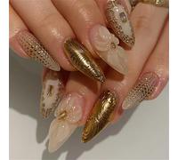 30Pcs False Nails 3D Icy Flower Gradient Sparkling Beads Artificial Nails for Fashionable Look Quick Application Ice Transparent Nailess