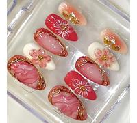 30PCS False Nails Elegant Gold Lines and Translucent Apricot Shade in ABS Press Stick for Comfortable Fit ABS Acrylic