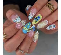 30PCS Fashion French Almond False Nails with 3D Flowers and Luminously Effect Press Nails ABS False with Flowers