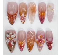 30Pcs Flower Press on Nails Medium Almond, Handmade French Tip Fake Nails, 3D Gold Beads Glitter Design False Nail in 12 Sizes, Spring Summer Floral Full Cover Stick on Nails for Women Daily Wear