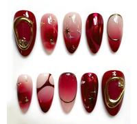 30Pcs French Almond False Nails Medium, Dark Red Elegant Press on Nails in 12 Sizes, 3D Rhinestones Handmade Artificial Stick on Nails, Acrylic Full Cover Removable Fake Nails for Women and Girls