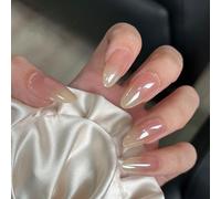 30Pcs French Press on False Nails Almond, Pink Gradient Fake Nail Medium Length, Aurora Acrylic Full Cover Stick on Nail with Glue Stickers, Removable Natural Glue-on Nails for Women Girls