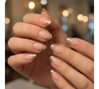 30PCS French Tip False Nails Almond Short Square Shape - Luxurious Gold Half-Moon Design Press On Nails Set for Women (Elegant Nude Gold)