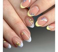 30pcs French Tip False Nails - Short Almond Press On Nails With Yellow Edge & Blue Berry Mango Pattern - Removable Glue On Acrylic Full Nail Tips For Women's Nail Art