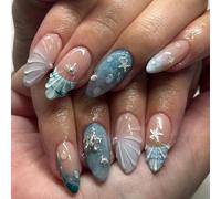 30PCS Friendly ABS Artificial Nails with Textured Star Esigns | Featuring 3D Seashells Art and Cool Sea Color with Realistic Sea Creature Relief for Aesthetic Nails Art
