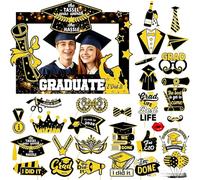 30PCS Graduation Party Decorations, Class of 2026 Photo Booth Props with Congrats Grad Caps, Glasses, Star/Award Styles On Sticks for Graduation Party Supplies
