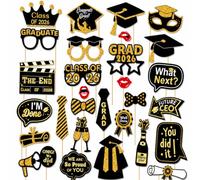 30pcs Graduation Photo Booth Props 2026,Black Gold Graduation Decorations With Glitter Caps Diplomas Medals Bows Glasses,Glitter Congrats Grad Selfie Props For School Family Celebrations