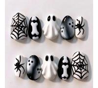 30PCS Halloween Press On Nails, Black White Ghost Spider Web Almond Tips | Glossy full-cover tips create a neat manicure for costume nights, themed parties, photoshoots, travel and festive gatherings