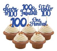 30Pcs Happy 100th Birthday Cupcake Toppers Deep Blue Glitter One Hundred Cheers to 100 Years Old Birthday Cupcake Picks for 100th Anniversary Party Cake Decorations