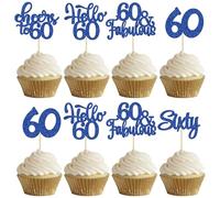 30Pcs Happy 60th Birthday Cupcake Toppers Deep Blue Glitter Sixty Cake Toppers Cheers to 60 Years Old Birthday Cupcake Picks for 60th Birthday Anniversary Party Cake Decorations Supplies