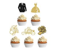 30Pcs He Asked She Said Yes Cupcake Toppers Wedding Dress Diamond Ring Rose Flower Cake Toppers Decorations for Wedding Engagement Party Bridal Shower Supplies Gold