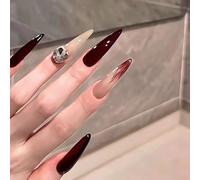 30pcs Long Stiletto Press on Nails Burgundy Red Ombre with Nude Acrylic Tips - Removable Gothic Nail Accessories with Glue