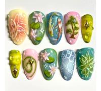 30Pcs Lotus Flower Press on Nails Medium Almond Fake Nails with 3D Koi Fish Lotus Leaf Design Star False Nails Natural Floral Glue on Nail Glossy Full Cover Spring Summer Artificial Nails for Women