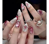 30pcs Medium Almond False Nails Berry Red Cat Eye Press on Nails Off White Stick on Nail Tips with 3D Irregular Silver Rhinestone Heart Accents Removable Glue-on Fake Nail Art Accessories for Women