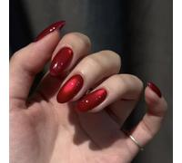 30pcs Medium Almond False Nails Burgundy Red Cat Eye Press on Nails Vintage Cherry Red Stick on Nail Tips Removable Glue-on Fake Nail Art Accessories for Women