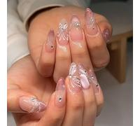 30pcs Medium Almond False Nails Cat Eye Press on Nails Ombre Stick on Nail with 3D Butterfly Rhinestone Design Removable Glue on Acrylic Fake Nail Tips Accessories for Women