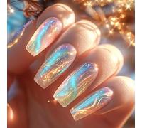 30pcs Medium Coffin False Nails Iridescent Blue-Green Glow Press on Nails Luxury Stick on Nail Tips with Dreamy Glacier Aurora Accent Removable Glue-on Fake Nail Art Accessories for Women