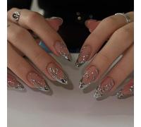 30pcs Medium Length False Nails French Tip Silver Press on Nails Almond | Stick on Nails French Tip, Metallic 3D Silver Chrome Swirl Design, Removable Glue-on Fake Nails for Women Elegant Manicure