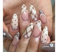 30PCS Milk Tea Beige Press on Nails - Vintage French Warm Mocha Brown Plaid & Polka Dot - Delicate Line Art Minimal Detail for Women Daily Wear & Special Occasions