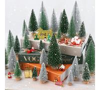 30Pcs Mini Christmas Tree Decor, Artificial Christmas Tree 5 Sizes,Mini Sisal Snow Frost Trees with Wooden Base for Christmas Decor Christmas Party Home Table Craft Decorations (A-Green/Silver)