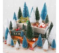 30Pcs Mini Christmas Tree Decor, Artificial Christmas Tree 5 Sizes,Mini Sisal Snow Frost Trees with Wooden Base for Christmas Decor Christmas Party Home Table Craft Decorations (Green/Blue)