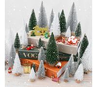 30Pcs Mini Christmas Tree Decor, Artificial Christmas Tree 5 Sizes,Mini Sisal Snow Frost Trees with Wooden Base for Christmas Decor Christmas Party Home Table Craft Decorations (Green/White)