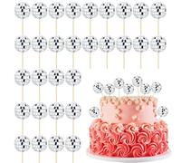 30PCS Mini Disco Balls Disco Ball Cake Topper,Disco Ball Cake Topper,Mini Disco Ball with Bamboo Sticks Disco Theme Cake Toppers for Disco Theme Party Supplies Cake Dessert Decorating (Silver)