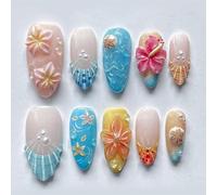 30PCS Mystic Ocean Press On Nails with 3D Gel Flowers and Seashell Designs - Medium Almond Summer False Nail Set with Jelly Adhesive Tabs and Nail File, Durable Glossy Finish,Salon Quality