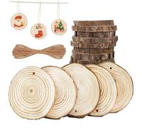 30Pcs Natural Wood Slices 7-8cm, Unfinished Wood kit, Predrilled Log Slices with 5m Jute Rope, Wood Craft Kit Drilled Wood Discs for Christmas Wedding Decoration, Thick 0.5 cm