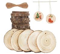 30Pcs Natural Wood Slices 7-8cm, Unfinished Wood kit, Wood Craft Kit Drilled Wood Discs, Predrilled Log Slices with 5m Jute Rope for Christmas Wedding Decoration, Thick 0.5 cm