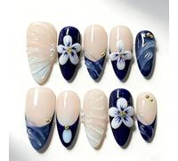 30Pcs Navy Blue 3D Press On Nails Almond, Floral Shell Almond False Nails