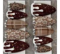 30PCS Nut Fraudulent Hoofs Christmas Brown Lined Snowfigure Scintillate Persist Matte Finish ABS Substance for Holiday Party Unguis Art Quick Application Fraudulent Fall Thanksgiving Theme