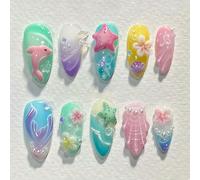 30PCS Ocean Fantasy Press On Nails - Medium Almond False Nails with 3D Dolphin Starfish Seashell Floral Design - Gradient Summer Nail Art Set with Trendy Jelly Adhesive Tabs and Nail File