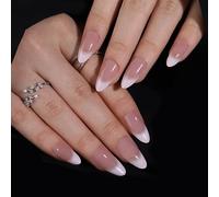30pcs Ombre False Nails Almond - Medium Stiletto Press on Nails French Tip - Nude White Stick on nails - Natural Fake Nails with Glue - Summer Nails Glue on Full Cover Long Lasting